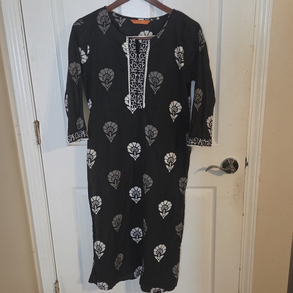 Indo Era Black White Floral Kurta Tunic Top Ethnic Blouse Women's Size L